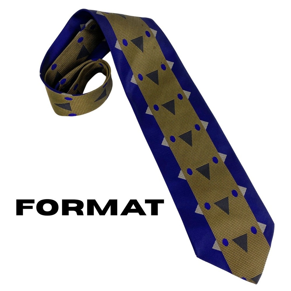 FORMAT, Mens Vintage Geometric Silk Tie Blue Gold Triangle Pattern Geometric